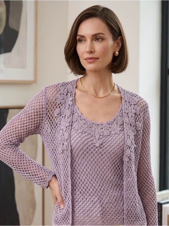 Beautiful Lavender Crochet Cardigan And Tank Set 100%Genuine Vintage